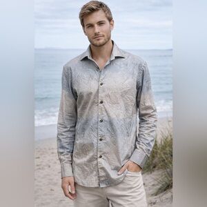 Bertigo Men’s Palm Jacquard Button-Up Shirt Blue Gray | Coastal Hawaiian Preppy